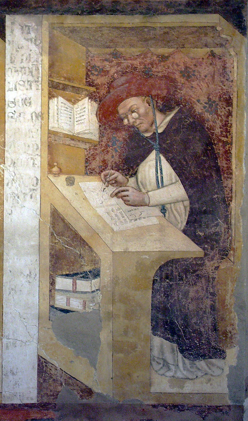A painting of a man wearing eyeglasses while writing on a paper