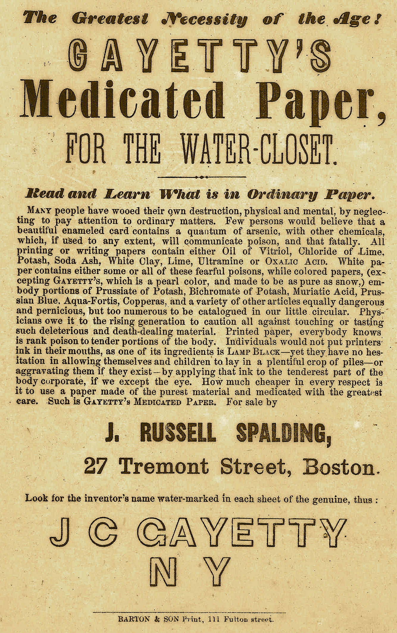 An 1859 advertisement for Gayetty's Medicated Paper for the Watercloset