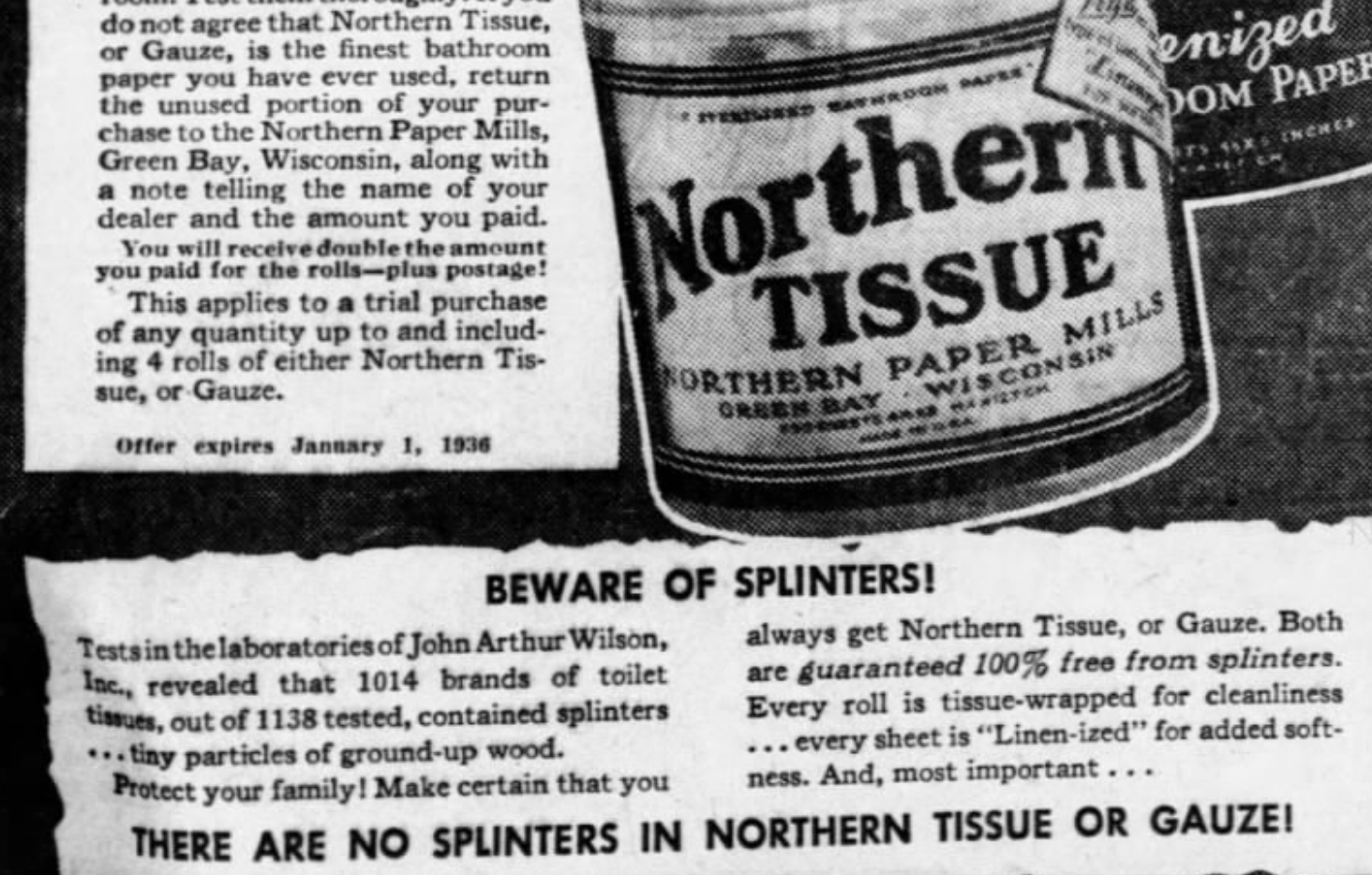 An newspaper advertisement for splinter-free Northern Tissue